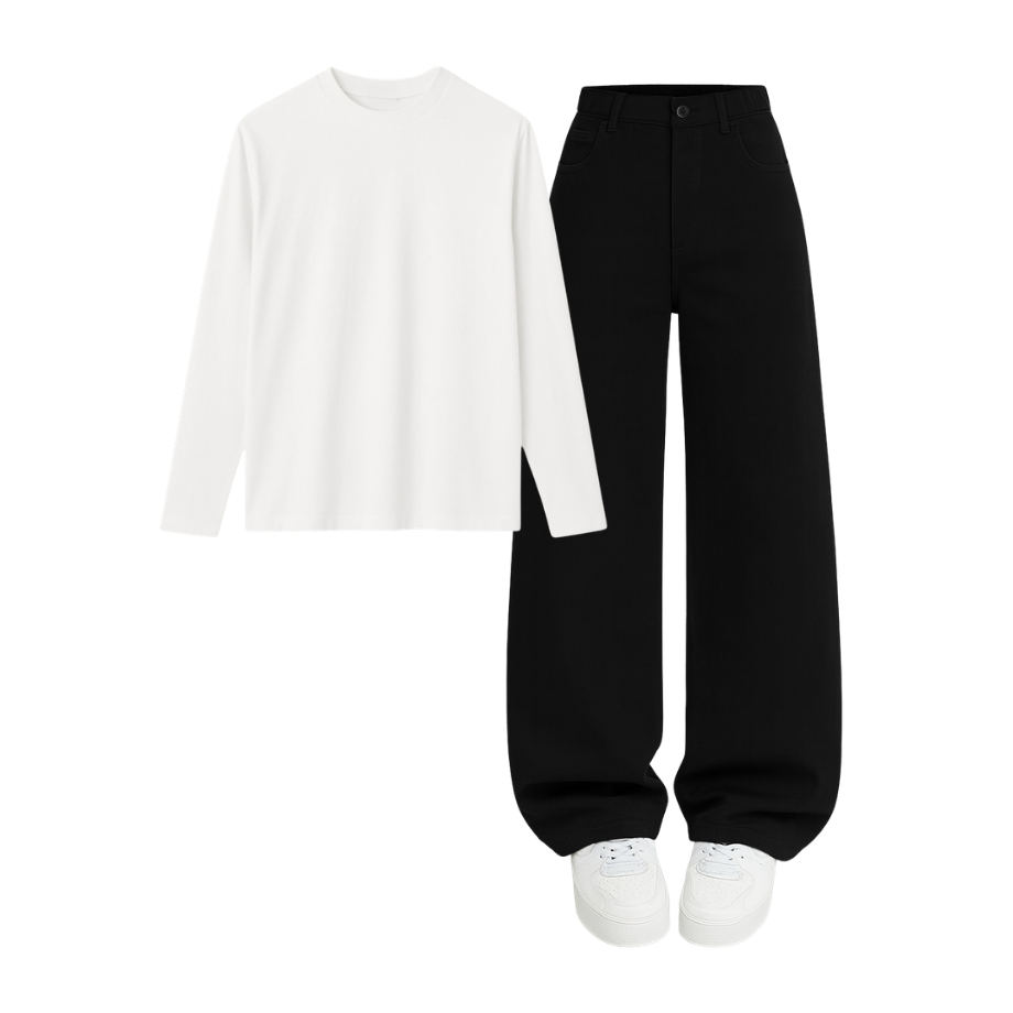 Full Sleeves Tee With Black Wide Leg Jeans