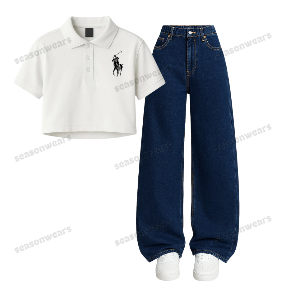 White Polo Print Crop Polo With Wide Leg Jeans