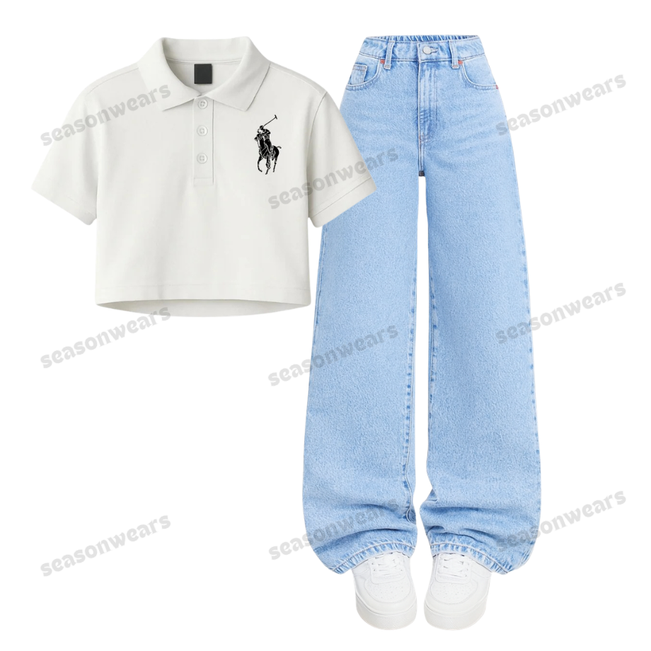 White Polo Print Crop Polo With Wide Leg Jeans