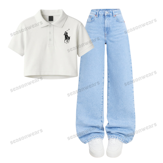 White Polo Print Crop Polo With Wide Leg Jeans