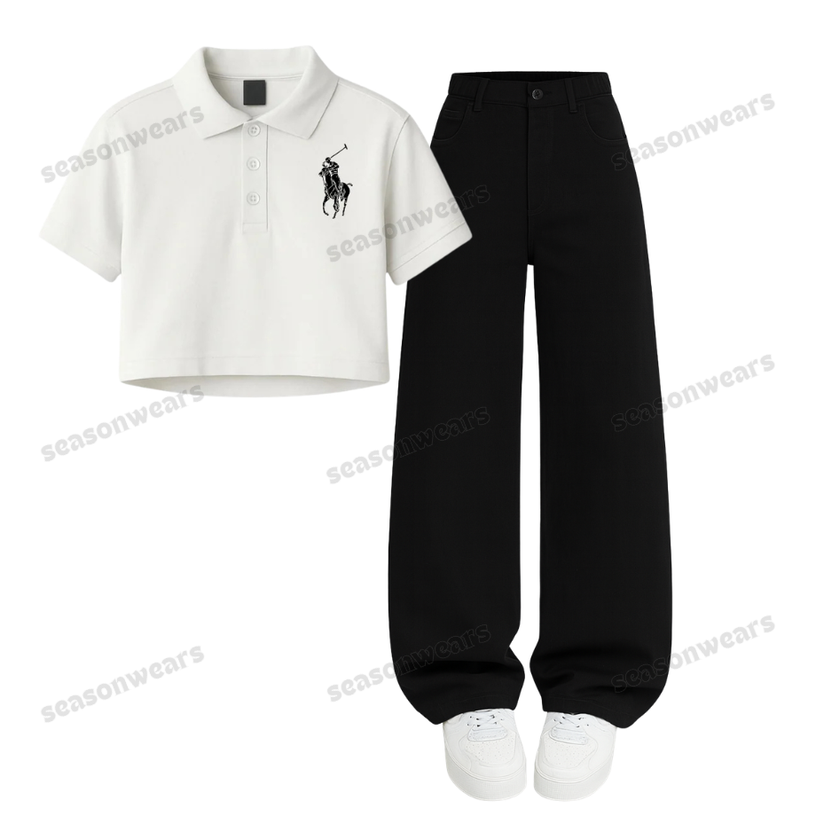 White Polo Print Crop Polo With Wide Leg Jeans