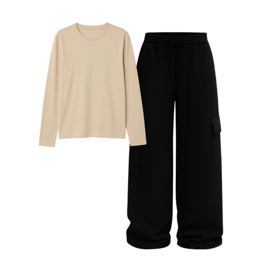 Full Sleeves Tee With Black Wide Leg Cargo