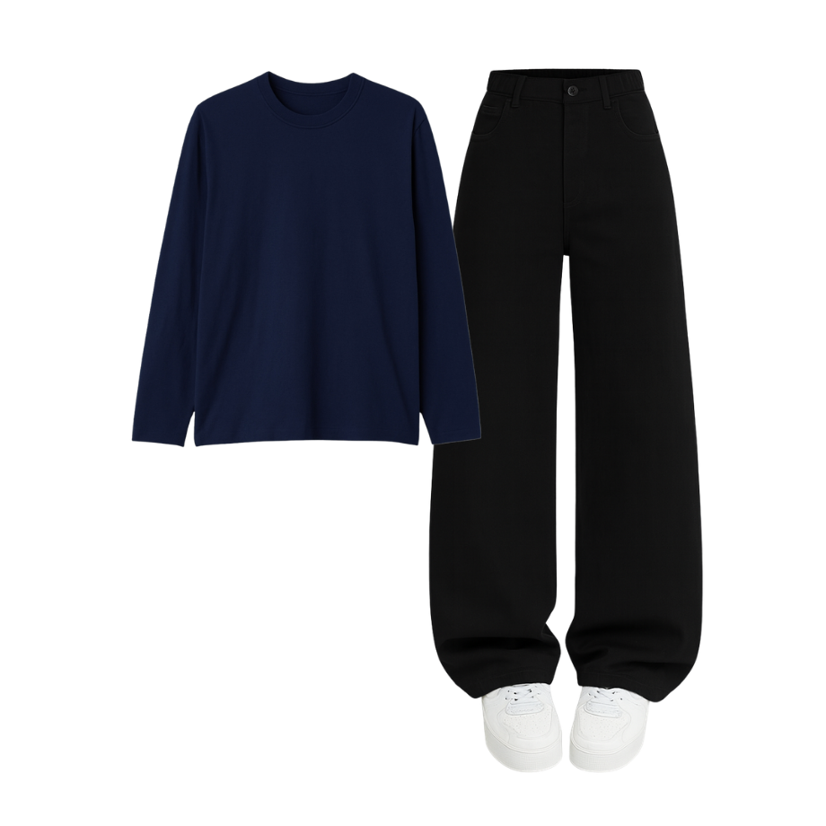 Full Sleeves Tee With Black Wide Leg Jeans