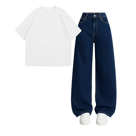 Oversized Drop Shoulder Tee With Darkblue Wide Leg Jeans