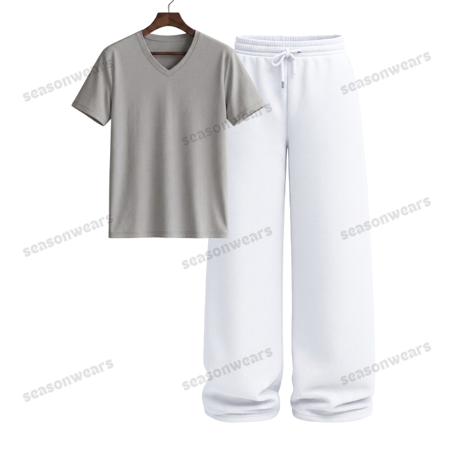 V-Neck Tee With White Wide Leg Trouser