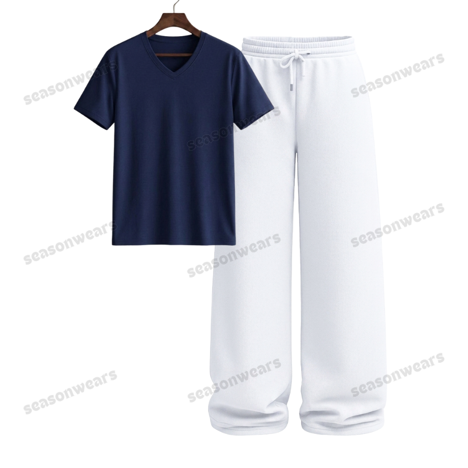 V-Neck Tee With White Wide Leg Trouser