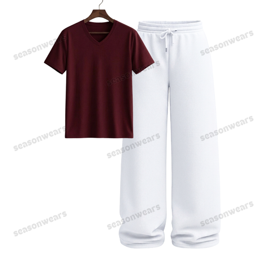 V-Neck Tee With White Wide Leg Trouser