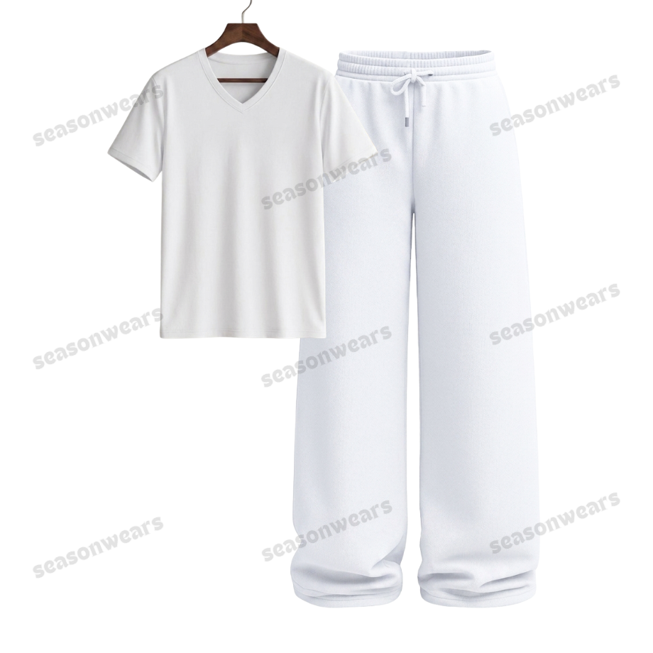 V-Neck Tee With White Wide Leg Trouser