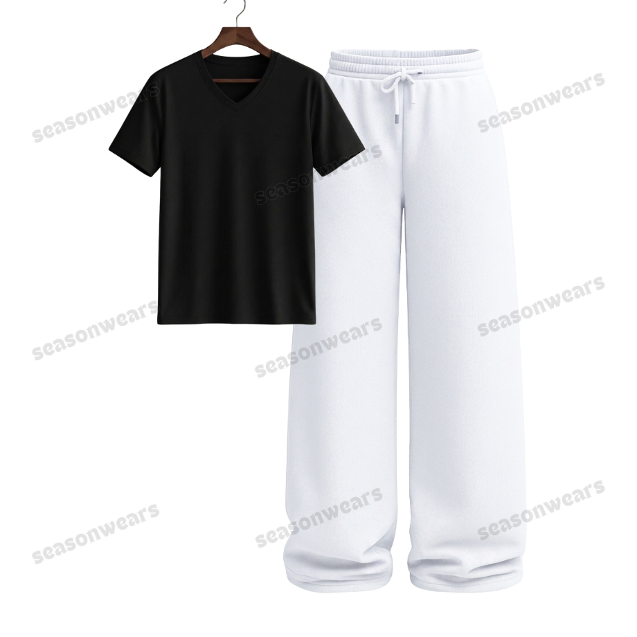 V-Neck Tee With White Wide Leg Trouser