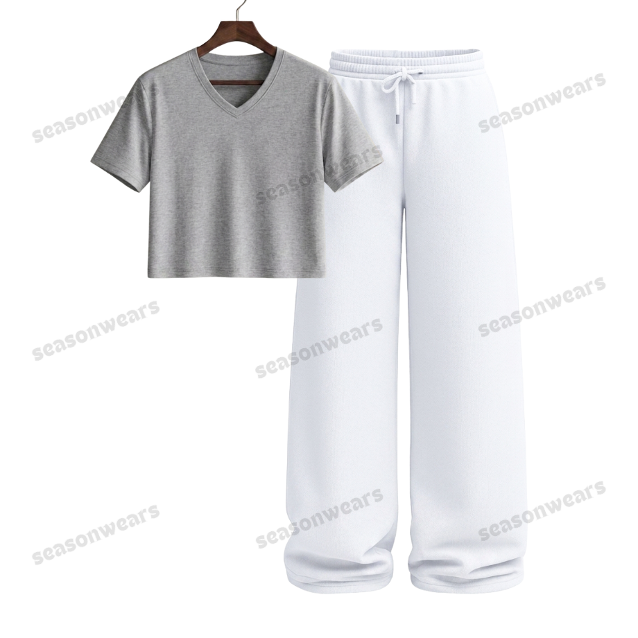 Crop V-Neck Tee With White Wide Leg Trouser