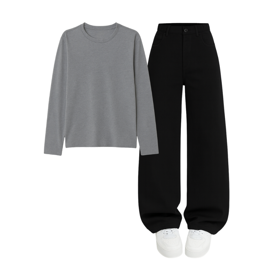 Full Sleeves Tee With Black Wide Leg Jeans