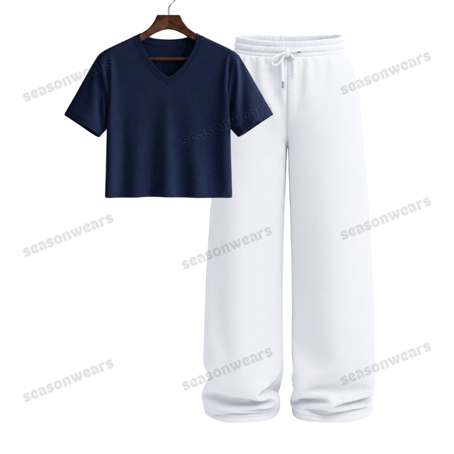 Crop V-Neck Tee With White Wide Leg Trouser
