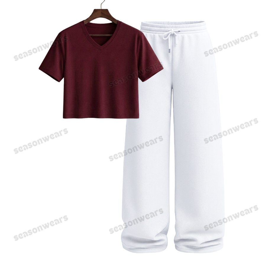 Crop V-Neck Tee With White Wide Leg Trouser