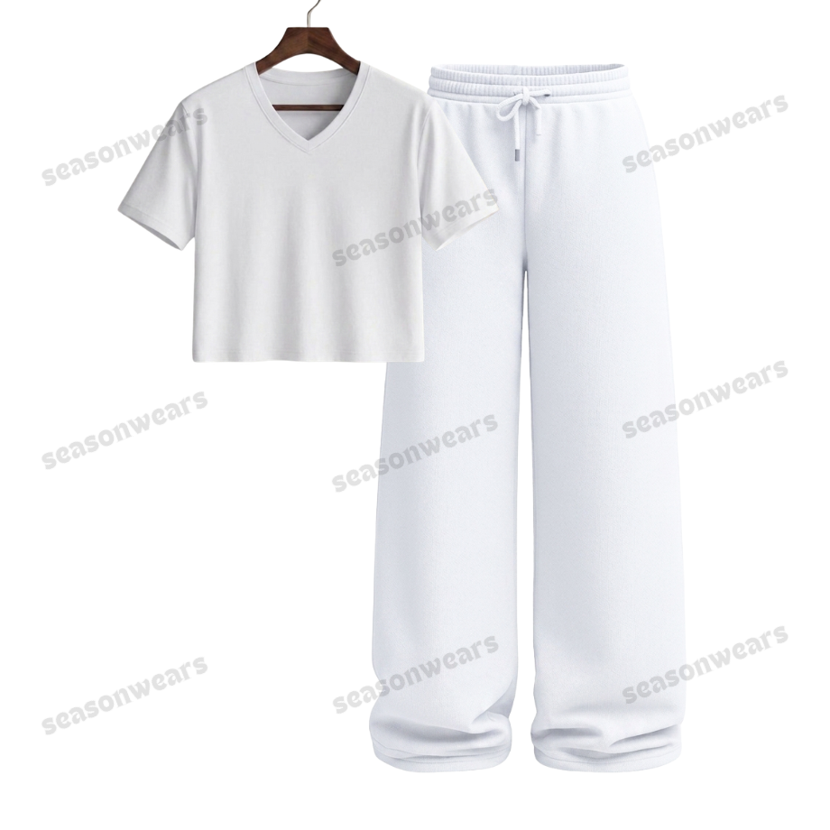 Crop V-Neck Tee With White Wide Leg Trouser