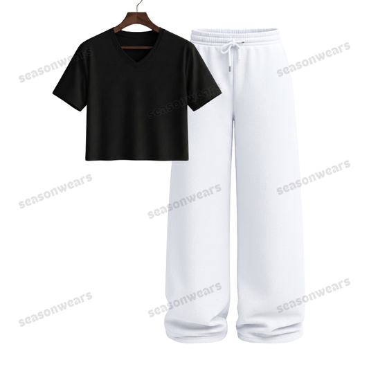 Crop V-Neck Tee With White Wide Leg Trouser