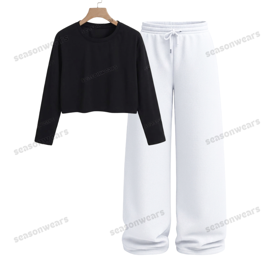 Crop Full Sleeves Tee With White Wide Leg Trouser