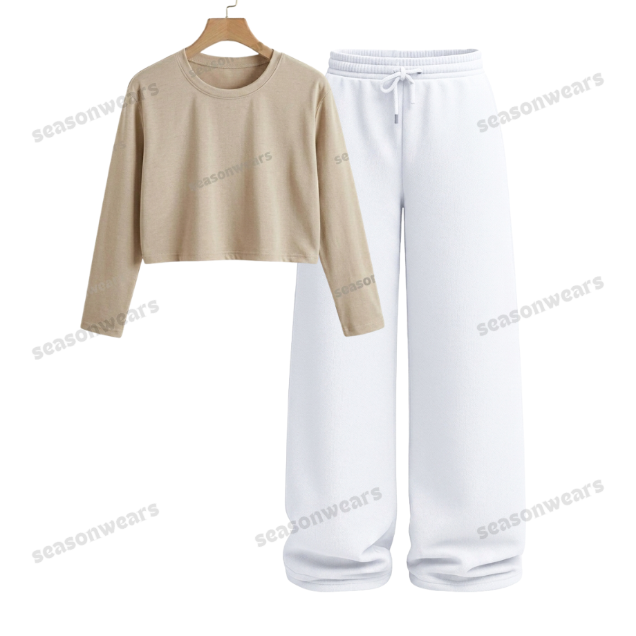 Crop Full Sleeves Tee With White Wide Leg Trouser