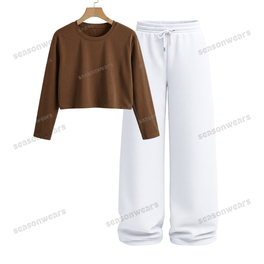 Crop Full Sleeves Tee With White Wide Leg Trouser