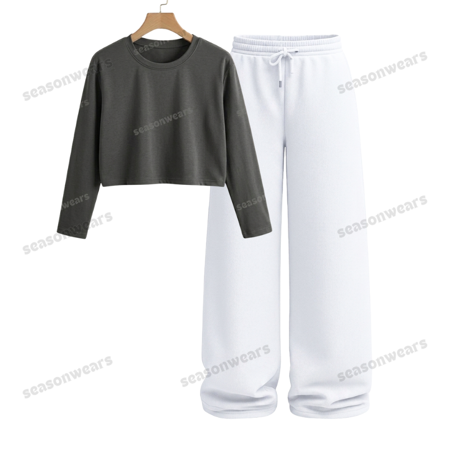 Crop Full Sleeves Tee With White Wide Leg Trouser