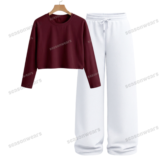 Crop Full Sleeves Tee With White Wide Leg Trouser