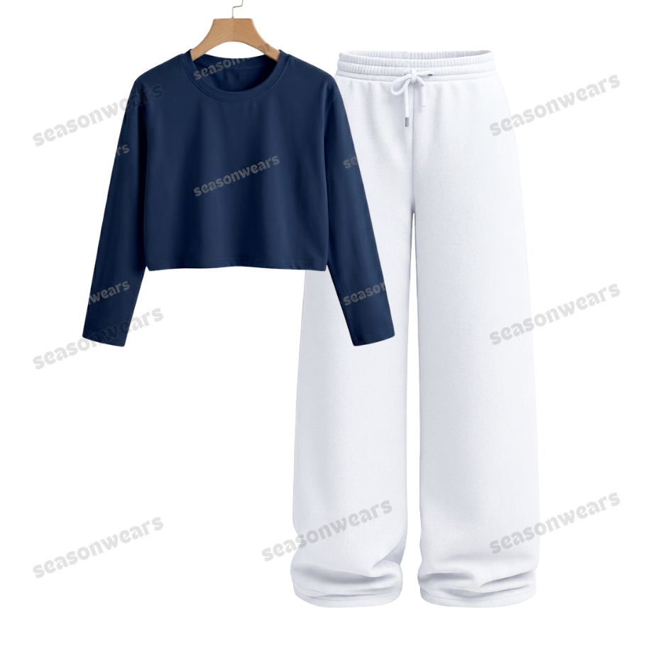 Crop Full Sleeves Tee With White Wide Leg Trouser