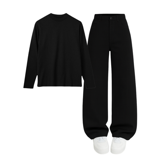 Full Sleeves Tee With Black Wide Leg Jeans