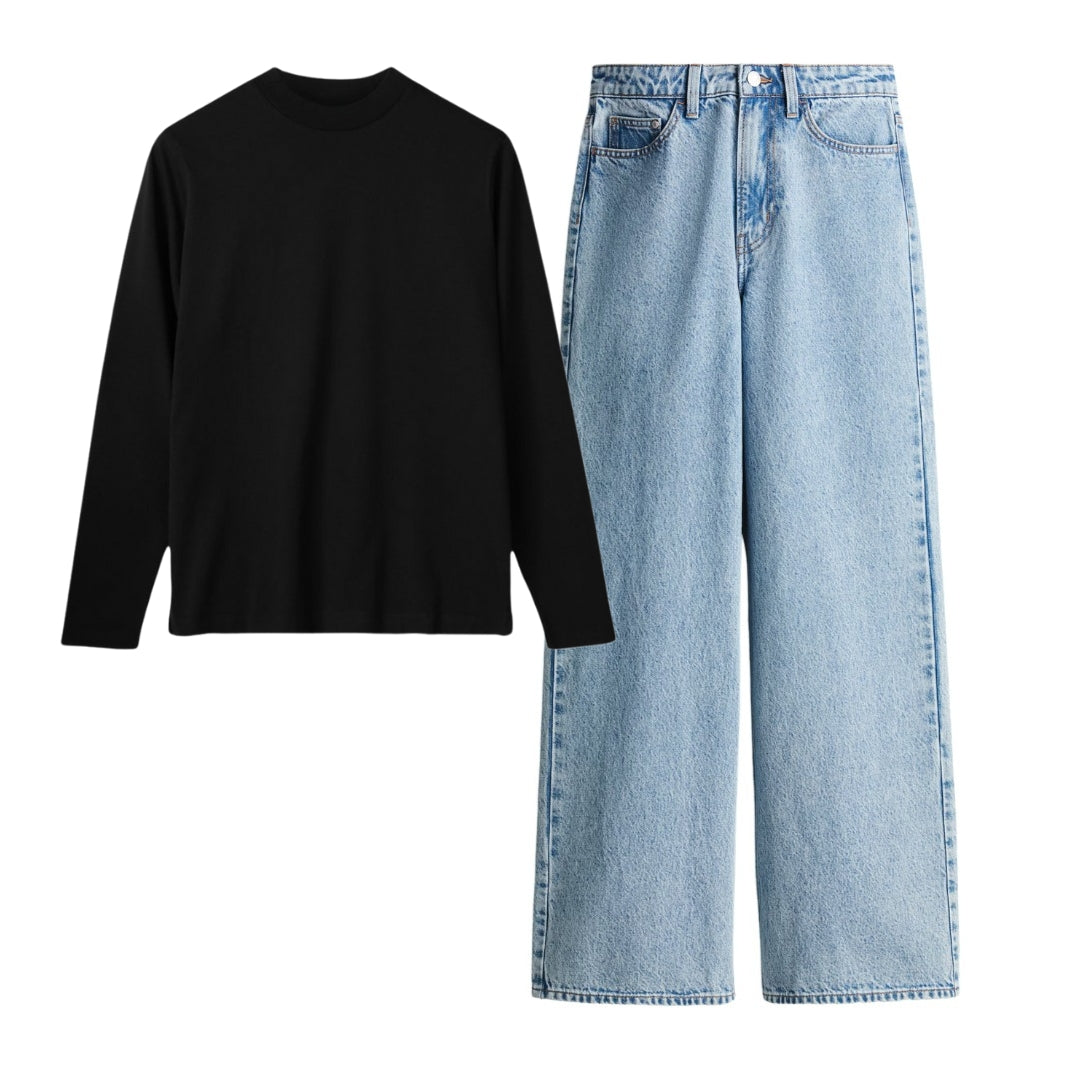 Black Full Sleeves T-Shirt With Ice Blue Jeans