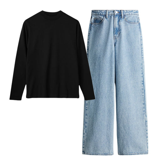 Black Full Sleeves T-Shirt With Ice Blue Jeans