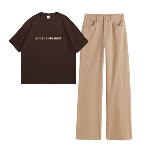 Beige Wide Leg Jeans With Eccedentesiast Oversized Tee
