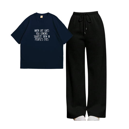 Squeeze Lemon In Others Eyes Oversize Tee With Black Straight Leg Trouser