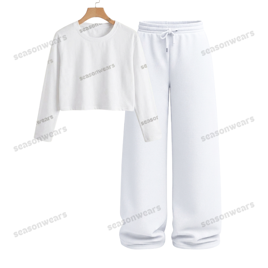 Crop Full Sleeves Tee With White Wide Leg Trouser