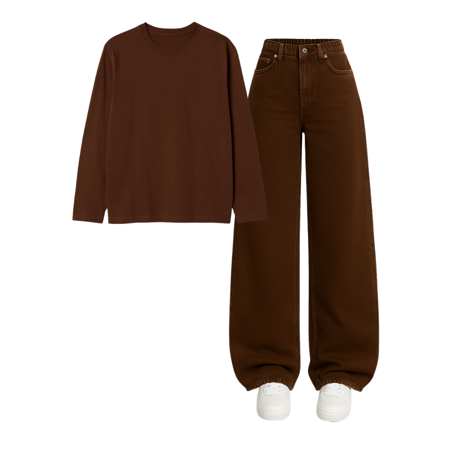 Full Sleeves Tee With Brown Wide Leg Jeans