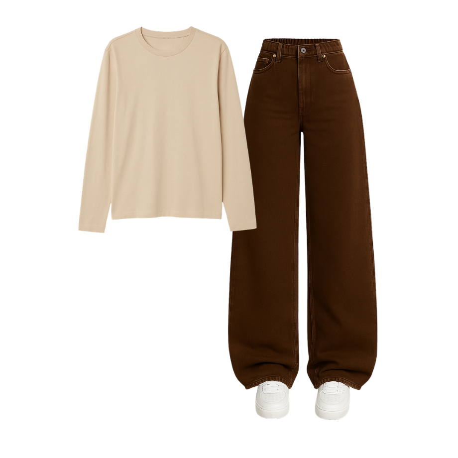 Full Sleeves Tee With Brown Wide Leg Jeans