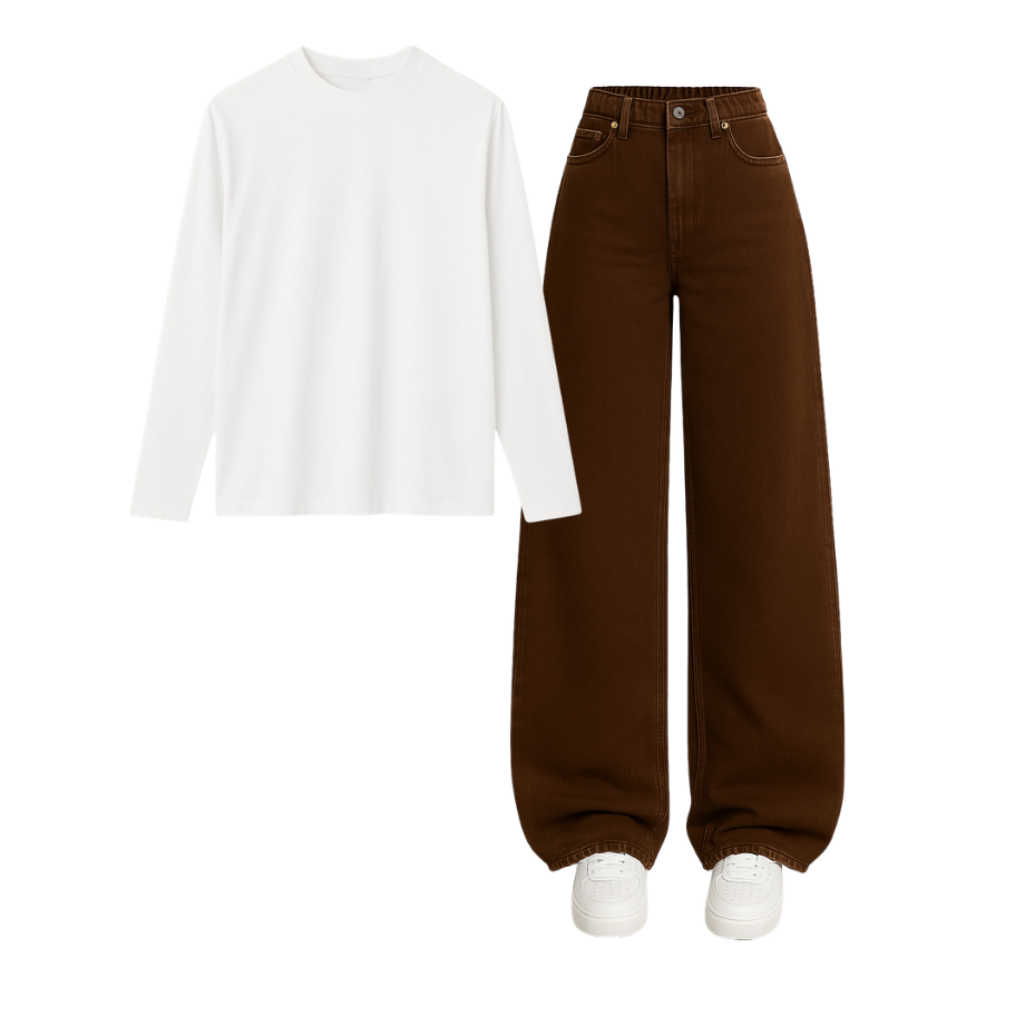 Full Sleeves Tee With Brown Wide Leg Jeans