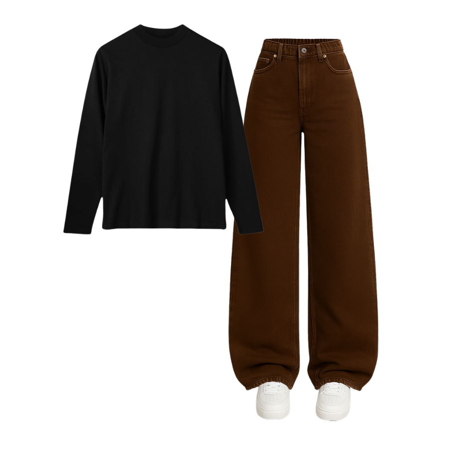Full Sleeves Tee With Brown Wide Leg Jeans