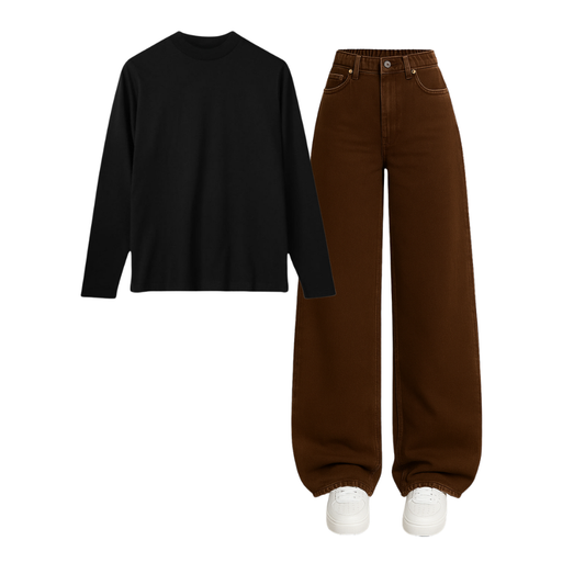 Full Sleeves Tee With Brown Wide Leg Jeans