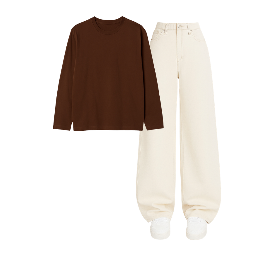 Full Sleeves Tee With Beige Wide Leg Jeans