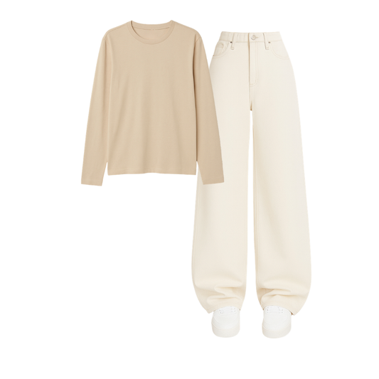 Full Sleeves Tee With Beige Wide Leg Jeans