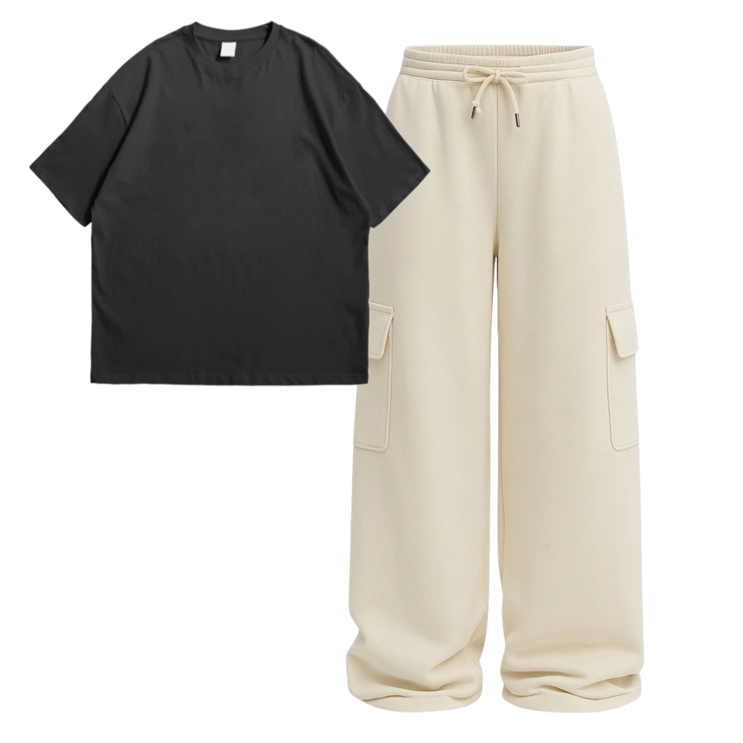 Oversize Drop Shoulder Tee With Cream Wide leg Cargo