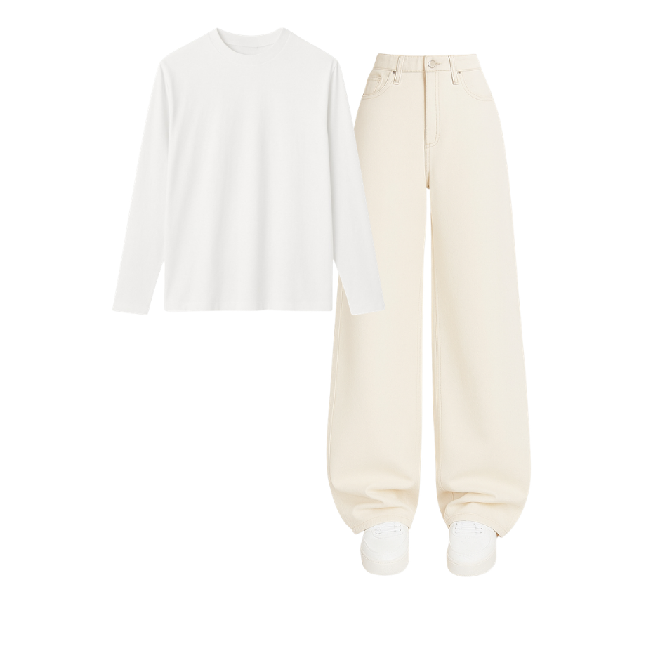 Full Sleeves Tee With Beige Wide Leg Jeans