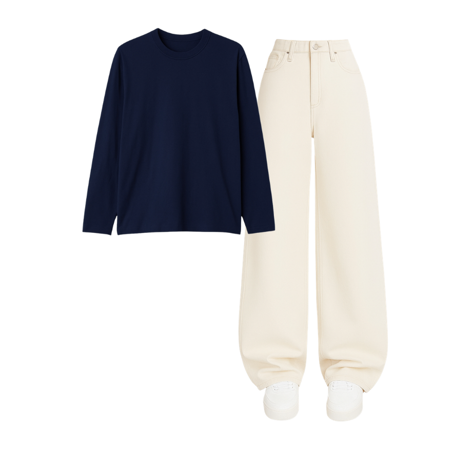 Full Sleeves Tee With Beige Wide Leg Jeans