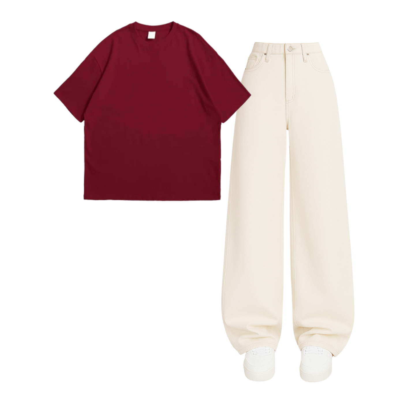 Oversized Drop Shoulder Tee With Beige Wide Leg Jeans