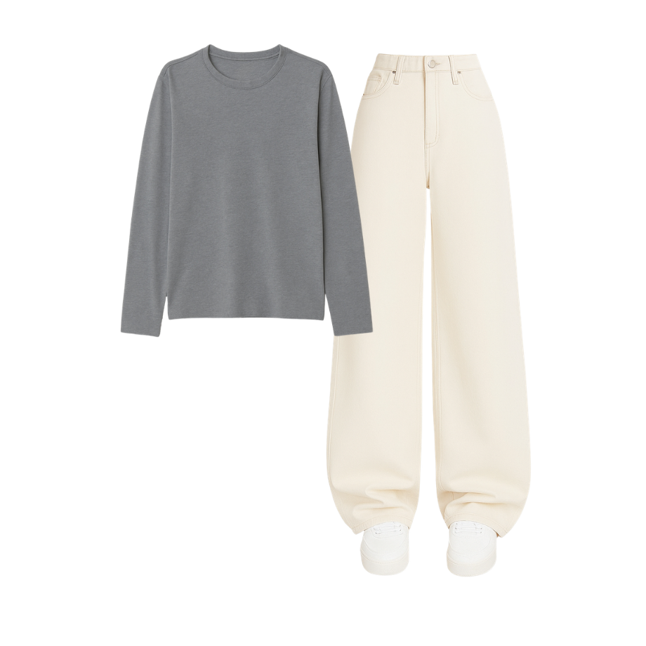 Full Sleeves Tee With Beige Wide Leg Jeans