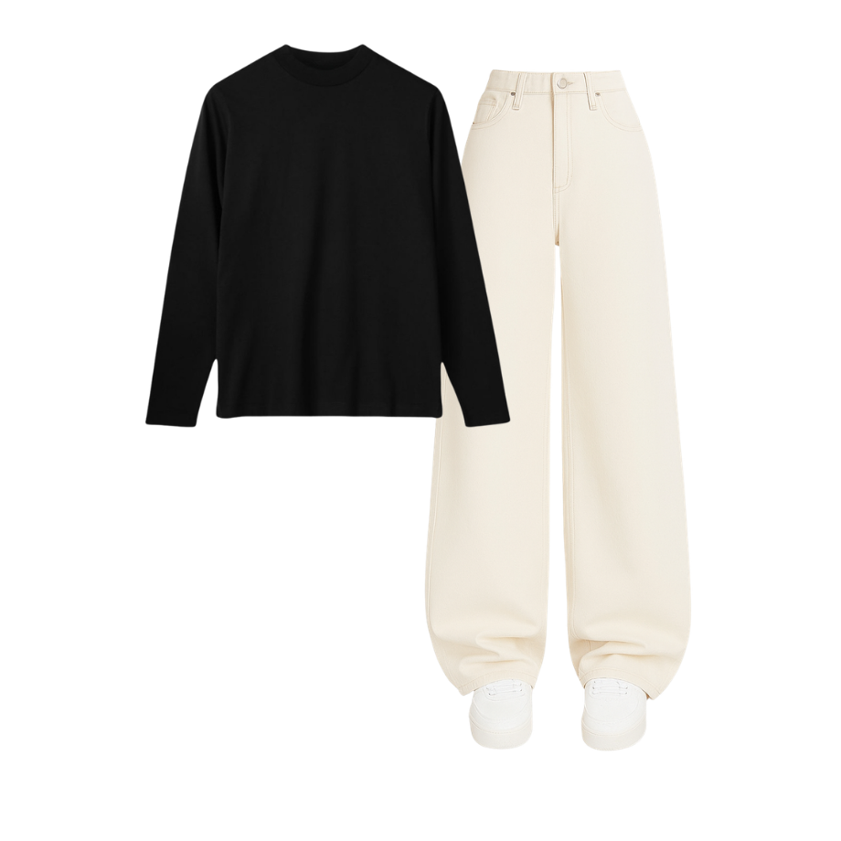 Full Sleeves Tee With Beige Wide Leg Jeans