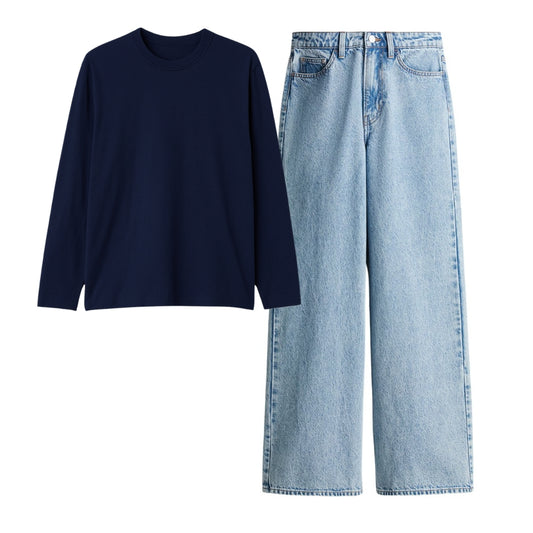 Navy Blue Full Sleeves T-Shirt With Ice Blue Jeans