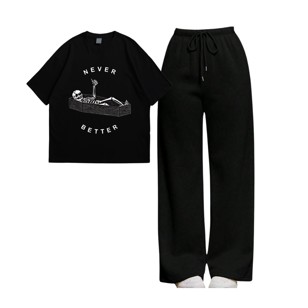 Never Better Oversize Tee With Black Straight Leg Trouser