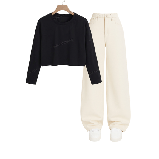 Crop Full Sleeves Tee With Beige Wide Leg Jeans