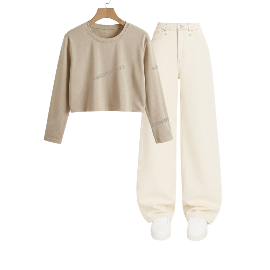 Crop Full Sleeves Tee With Beige Wide Leg Jeans