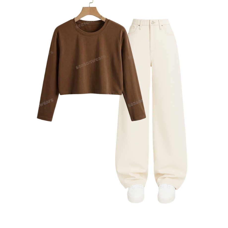 Crop Full Sleeves Tee With Beige Wide Leg Jeans