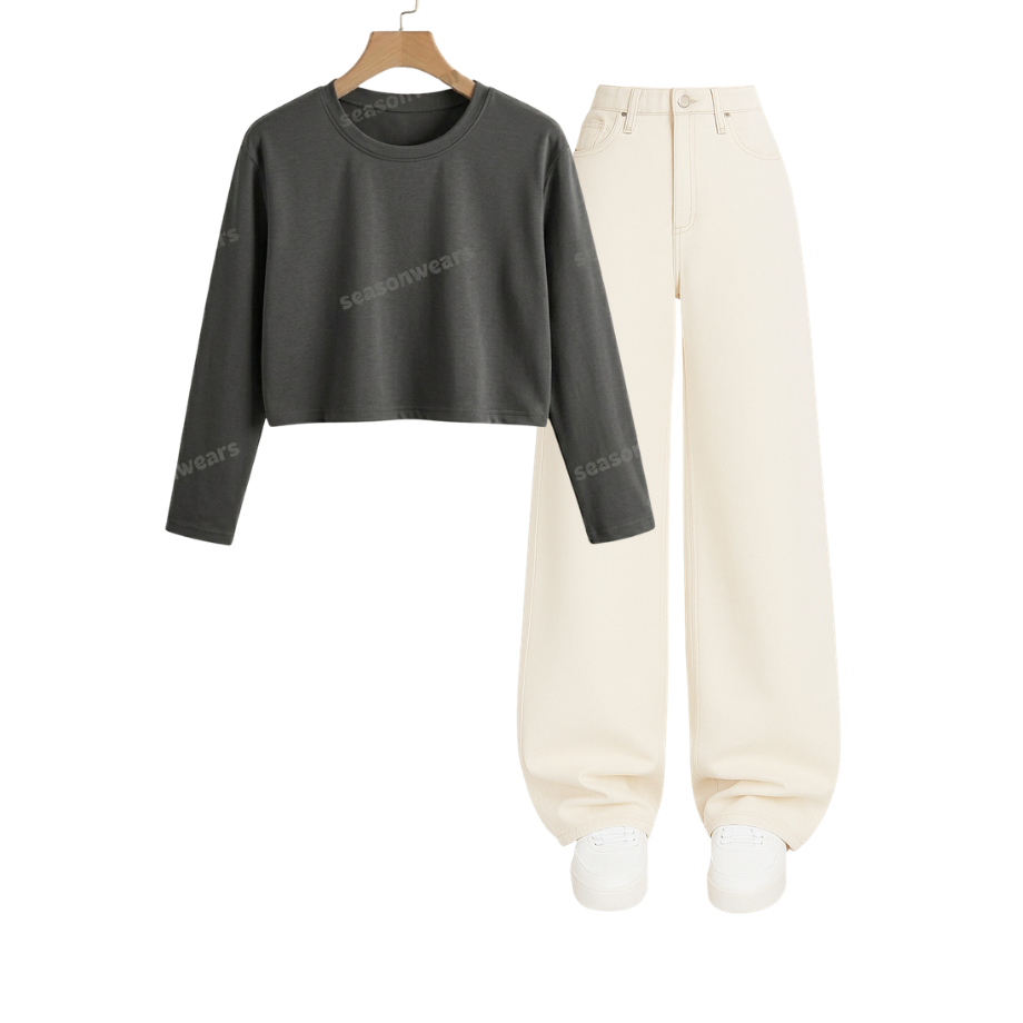 Crop Full Sleeves Tee With Beige Wide Leg Jeans